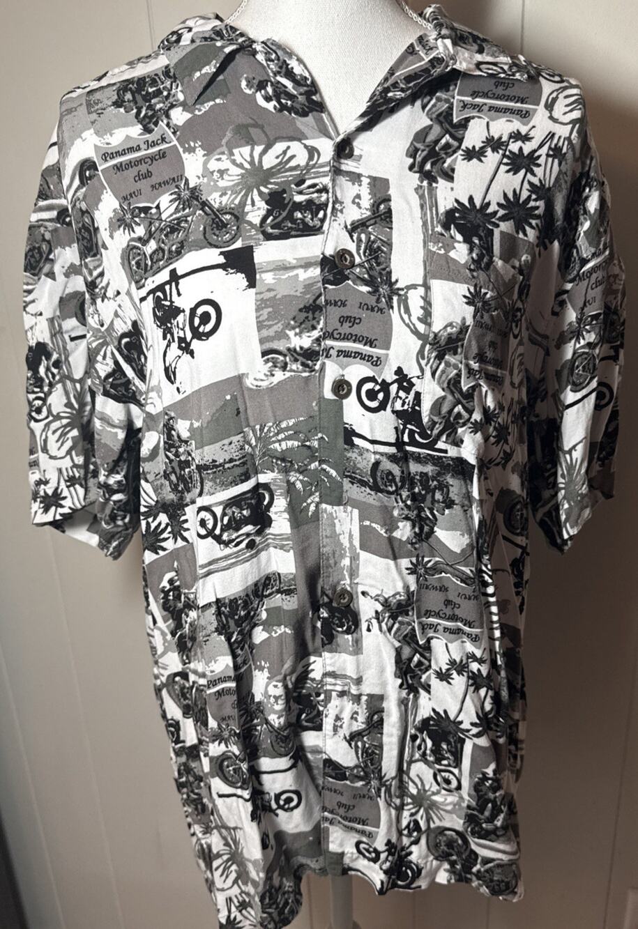 Panama Jack Black/White ALL Over PRINT Hawaiian CAMP Shirt L Motorcycle BB1